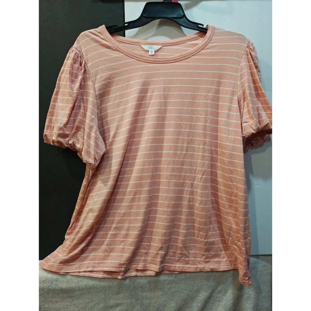 Dusty Rose Pink & White Striped Short Sleeve T-Shirt with Ruched Sleeves